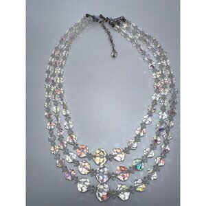 1950s vintage triple 3 strand faceted aurora borealis glass beaded necklace